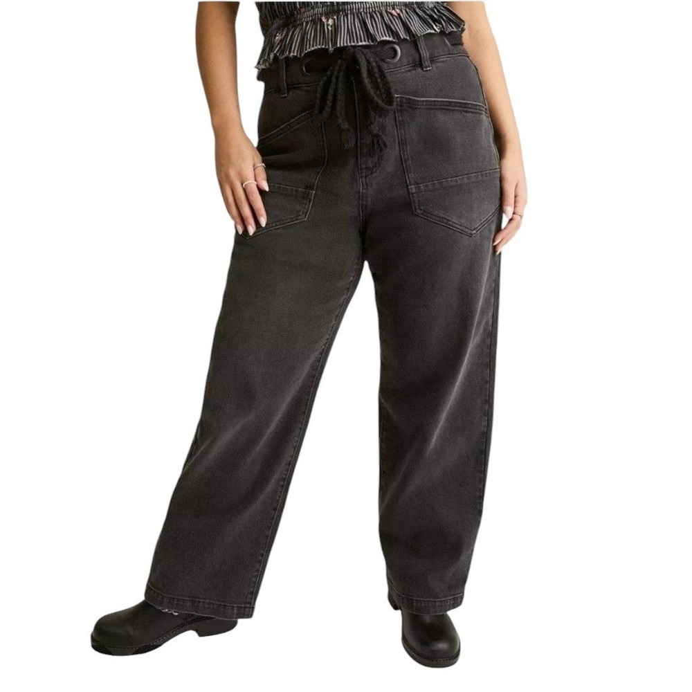 FESTI x Torrid Wide Leg Cargo Jeans Black Rope Drawstring Utility Streetwear 14